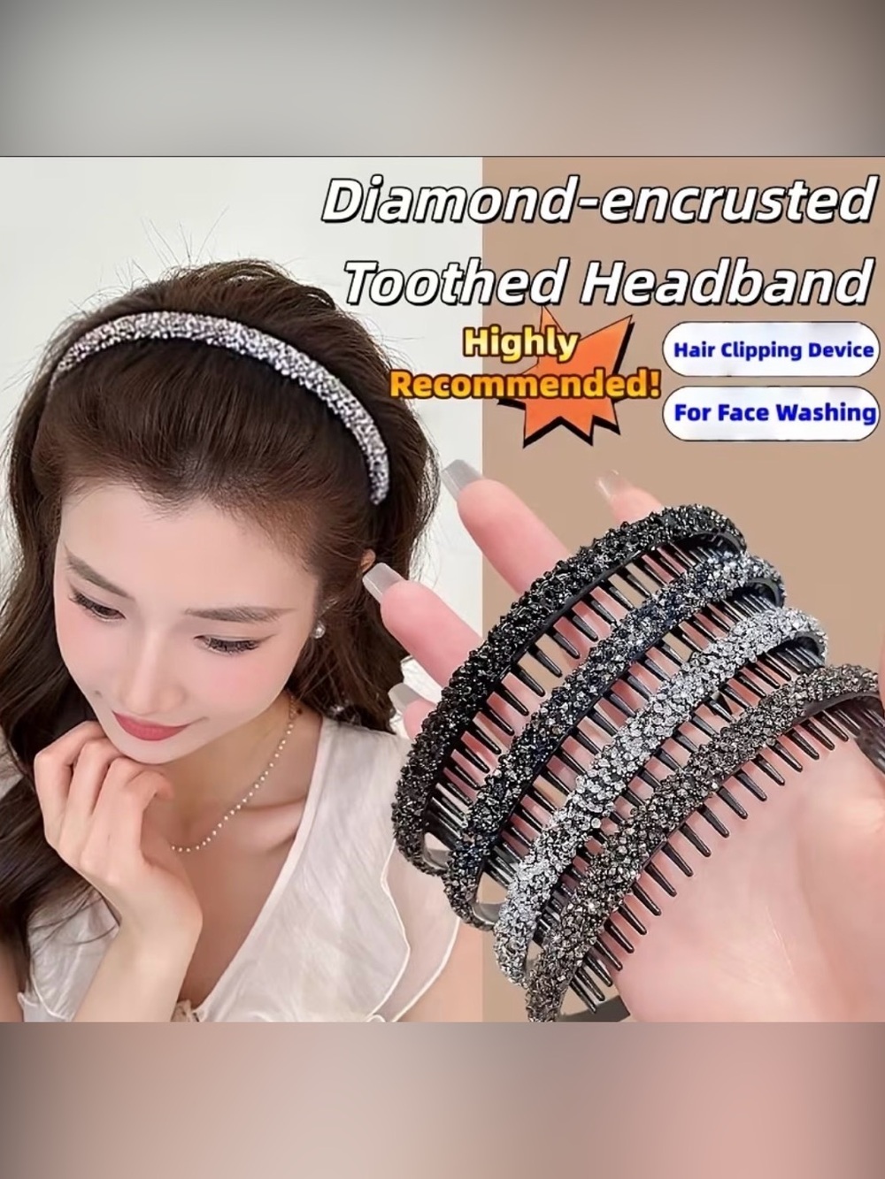3 x Rhinestone Flyaway Hair Tamer Headband - Black & Silver